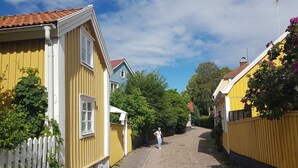 A cobblestone street lined with yellow buildings, a white picket fence, and greenery.