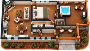 Un plan d’étage en 2D d’un hôtel moderne comprenant un espace de vie, une chambre, une salle de bain et un jacuzzi extérieur.