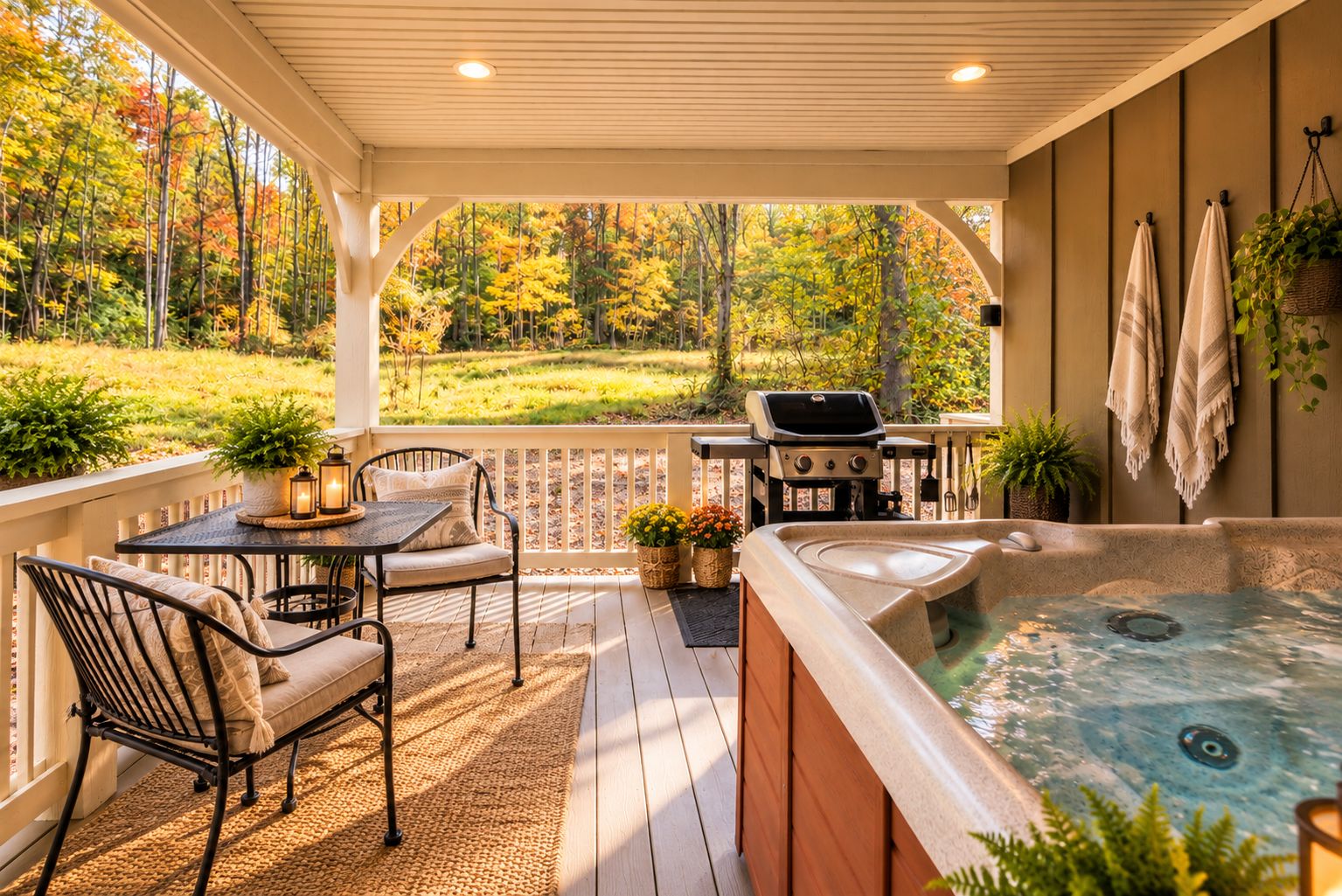 Une terrasse extérieure couverte avec un jacuzzi, un barbecue et une table avec des chaises.