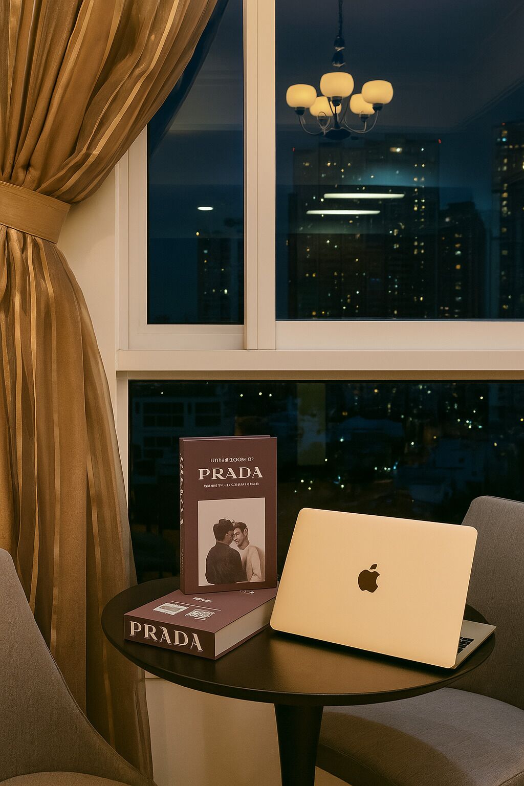 Una habitación con vista a un paisaje urbano nocturno, una mesa con una computadora portátil y un libro titulado 'In the Footsteps of Prada', y una cortina medio abierta.