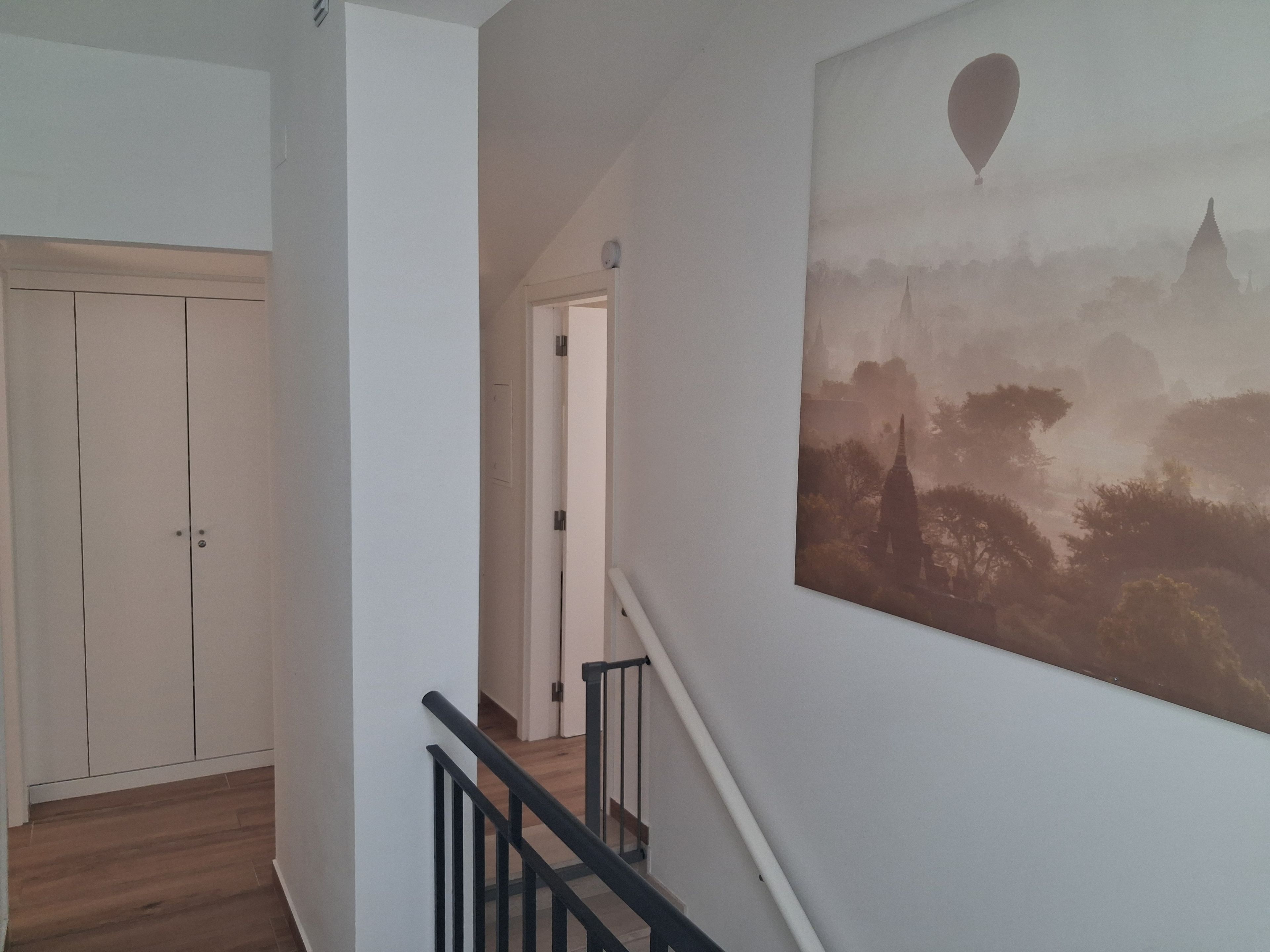 Un escalier avec une rampe noire menant à un palier, une porte blanche et un mur orné d’un tableau encadré.