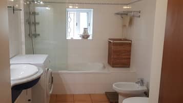 A bathroom with a glass-enclosed shower, a bathtub, a sink, and a bidet.