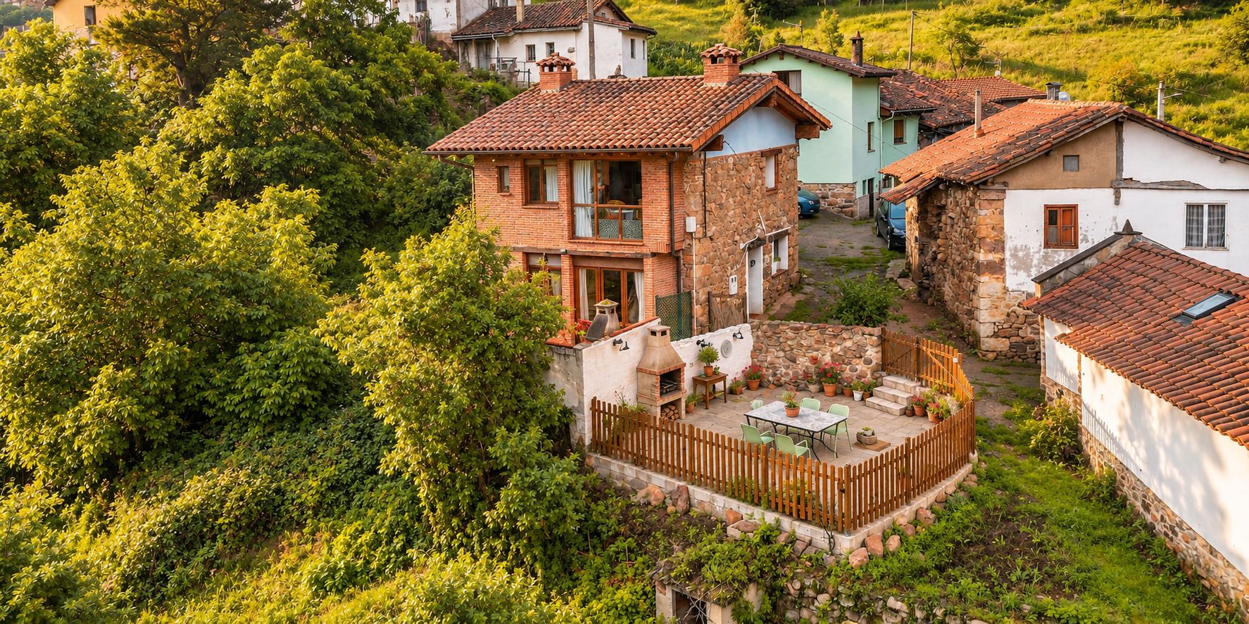 Ein traditionelles Steinhaus mit Ziegeldach, umgeben von üppigem Grün und einem Holzzaun.