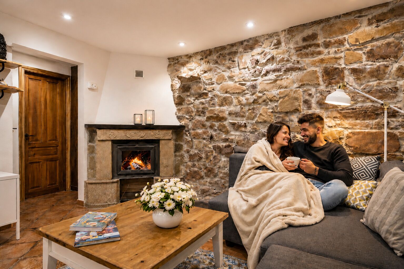 Ein gemütliches Wohnzimmer mit Steinwand, Kamin, Sofa, Couchtisch und einem Paar, das zusammen sitzt.