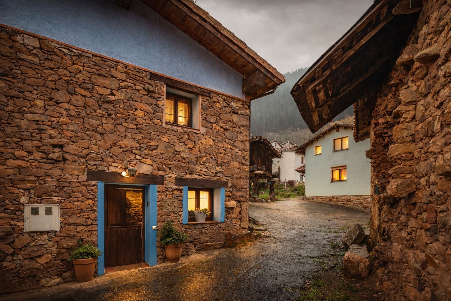 Un edificio de piedra con puerta de madera y ventanas con marcos azules, una calle pavimentada y otro edificio al fondo.