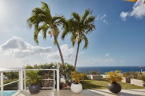 Une terrasse avec une piscine, des palmiers et une vue sur l’océan.