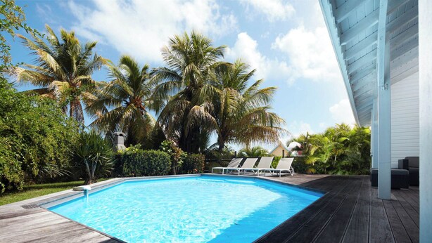 Une piscine rectangulaire dotée d’une terrasse en bois, entourée de palmiers et de chaises longues.