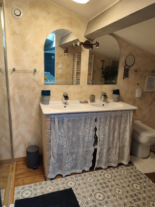 A bathroom with a double sink, a mirror, a towel rack, and a shower area. - house with pool in beausset (Le Beausset)