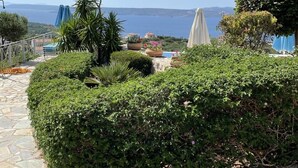 A landscaped garden with a stone pathway, a small pool, and a view of the sea.