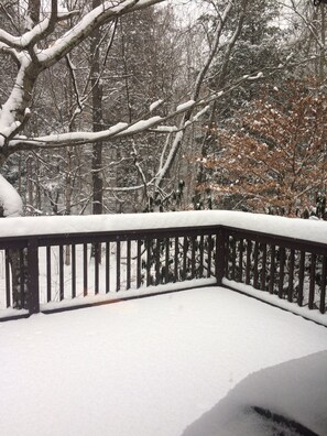 Guests can enjoy a serene winter wonderland view from this deck surrounded by trees.
