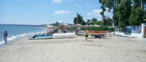 On the beach, sun loungers