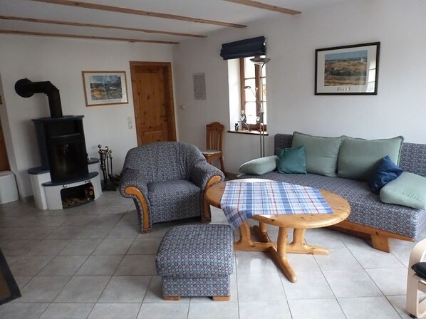 TV, fireplace, DVD player, books