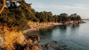 A coastal landscape with a rocky shoreline, clear water, and dense trees. - Villa O Bord de l'O Sainte Marine, sea view, swimming pool 29°, beach access (Combrit)