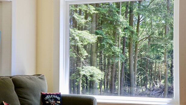 A room with a large window offering a view of a forest. There is a sofa with a cushion that reads "Welcome to the Cabin." - Private Lake at Rippling Waters One Room Cabin (Delhi)