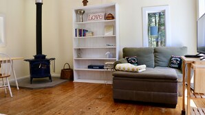 A cozy living room with a blue wood-burning stove, a white bookshelf, a grey sofa, and a window with a view of trees. - Private Lake at Rippling Waters One Room Cabin (Delhi)