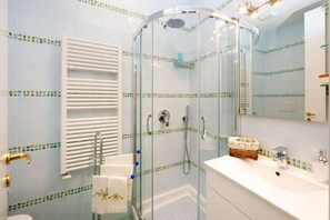 Shower, hair dryer, bidet, towels