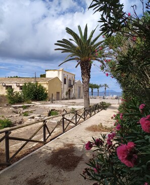 A pathway leading to a building with a coastal view.