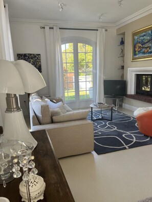 TV, fireplace, DVD player, books