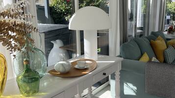 Télévision, cheminée, lecteur de DVD, livres