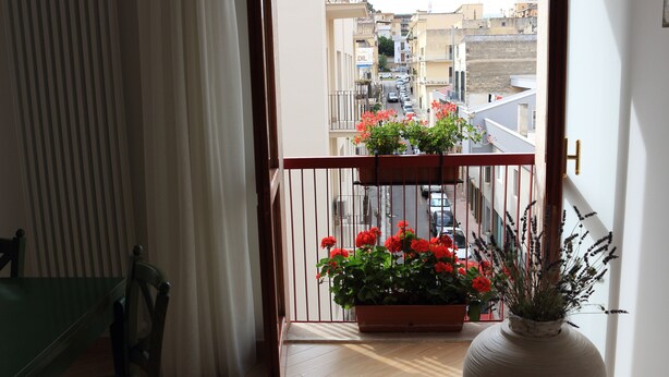 A balcony with a wooden floor, a chair, a potted plant with red flowers, and a white vase with a plant. - Holiday ABOUT THEATRE (Matera)