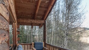 A wooden deck with a sofa and two chairs, overlooking a forested area. - Technology Free & Dogs are Welcome (Lake City)