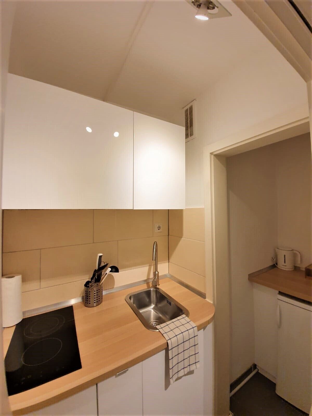 Kühlschrank, Mikrowelle, Herdplatte, Wasserkocher mit Kaffee-/Teezubehör