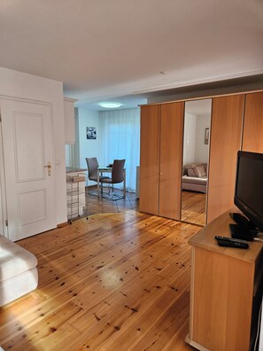 TV, fireplace, books, stereo