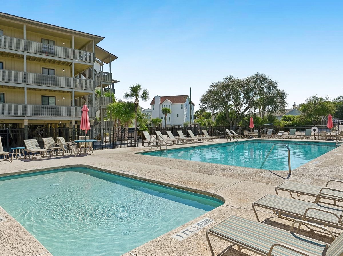 A hotel with a pool area featuring two rectangular pools, lounge chairs, and a building with balconies.
