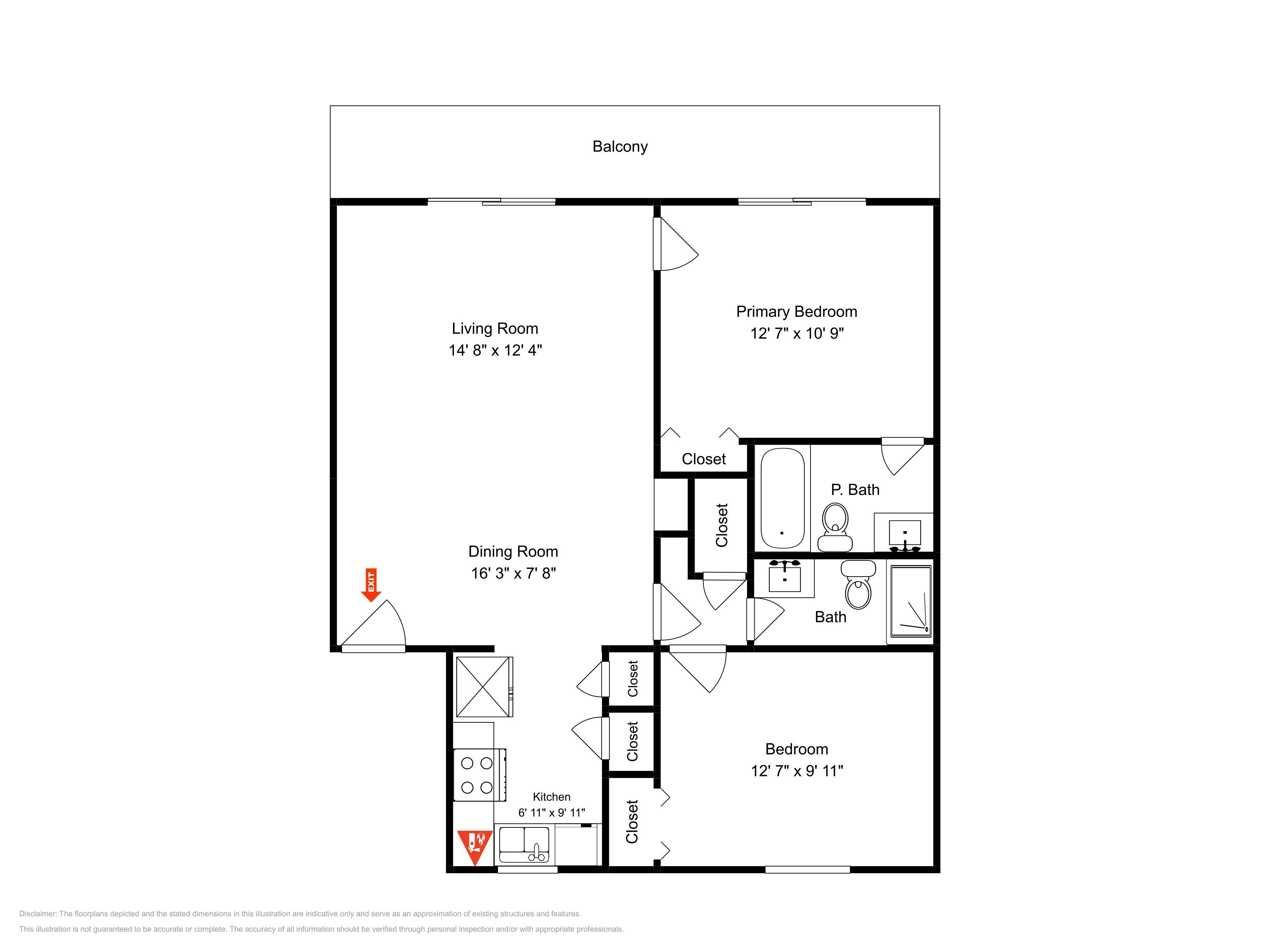 Plano de planta de una casa con balcón, sala de estar, comedor, cocina, habitación principal y dos baños.