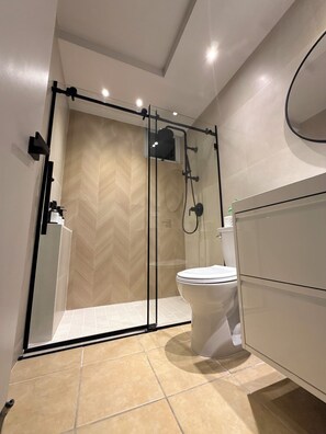 A modern bathroom with a glass-enclosed shower, a toilet, and a mirror.