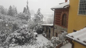 Un jardin enneigé avec un bâtiment en briques, un chemin de pierres et des arbres chargés de neige.