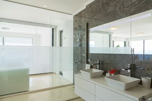 Combined shower/tub, jetted tub, hair dryer, towels