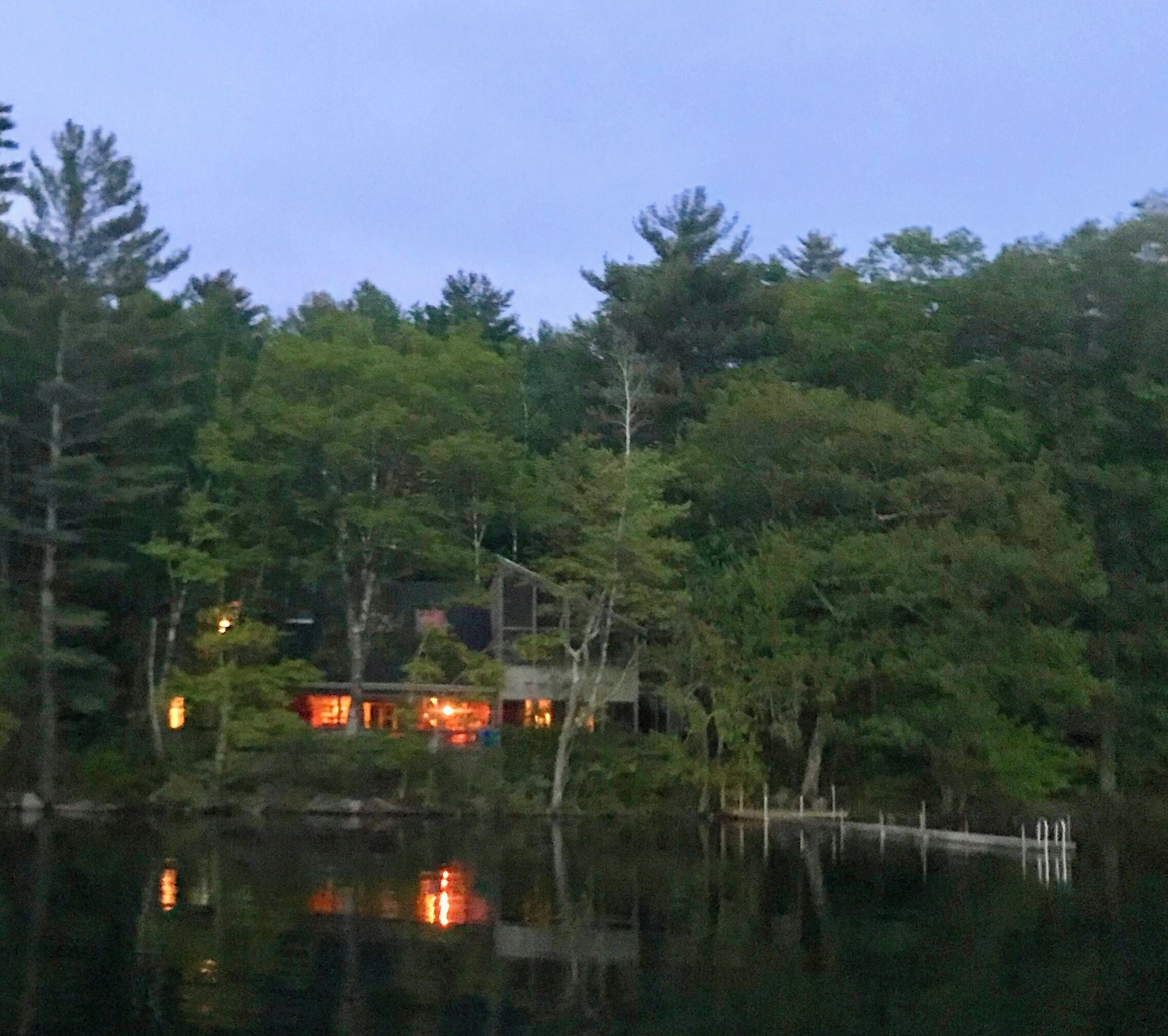 A lakeside cabin with a dock, surrounded by dense forest.