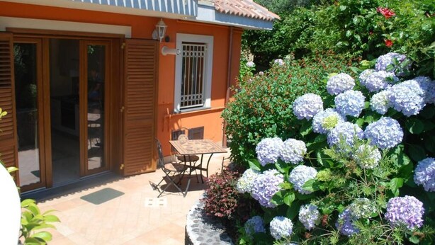 A house with a patio, a dining table, and a garden with hydrangea flowers. - Apartment with Garden View (Trecastagni)