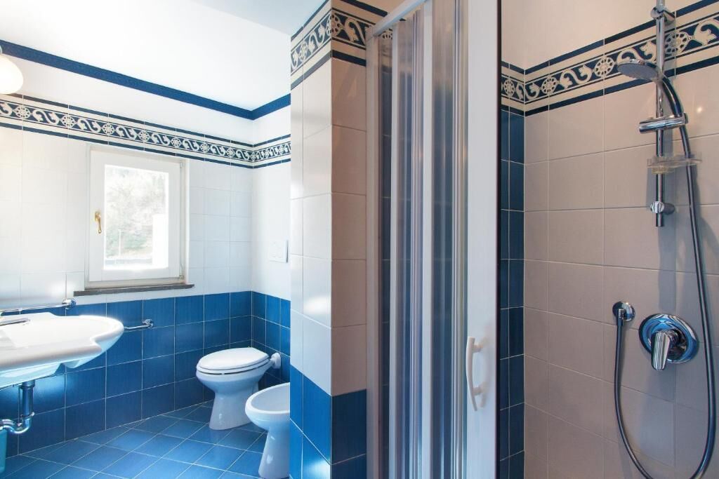 Baño con ducha, inodoro y lavamanos, con azulejos azules y blancos y un detalle decorativo.