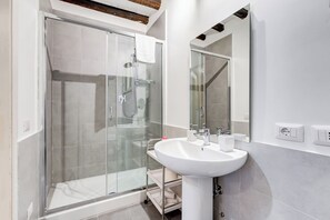 Shower, hair dryer, towels