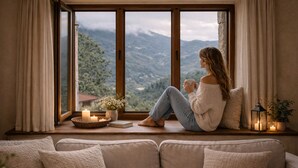 Eine Person sitzt am Fenster mit Blick auf Berge, eine Kerze und ein Buch stehen auf dem Fensterbrett.