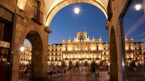 An interior courtyard with arches and a view of a historic building with ornate architecture. - Hostal Plaza de España (Salamanca)