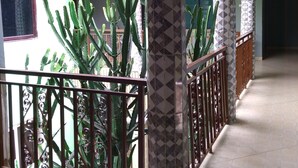 A hallway with patterned pillars, a metal railing, and large cacti.