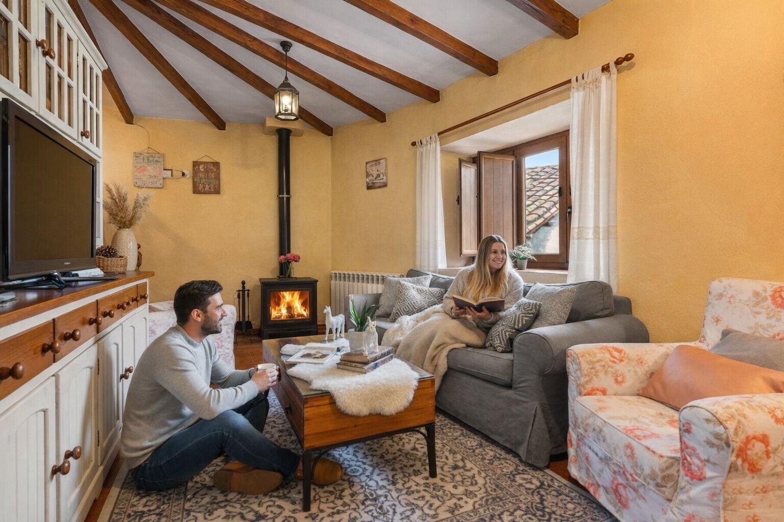 Una televisión, una chimenea, libros