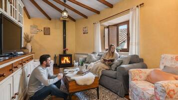 Una televisión, una chimenea, libros