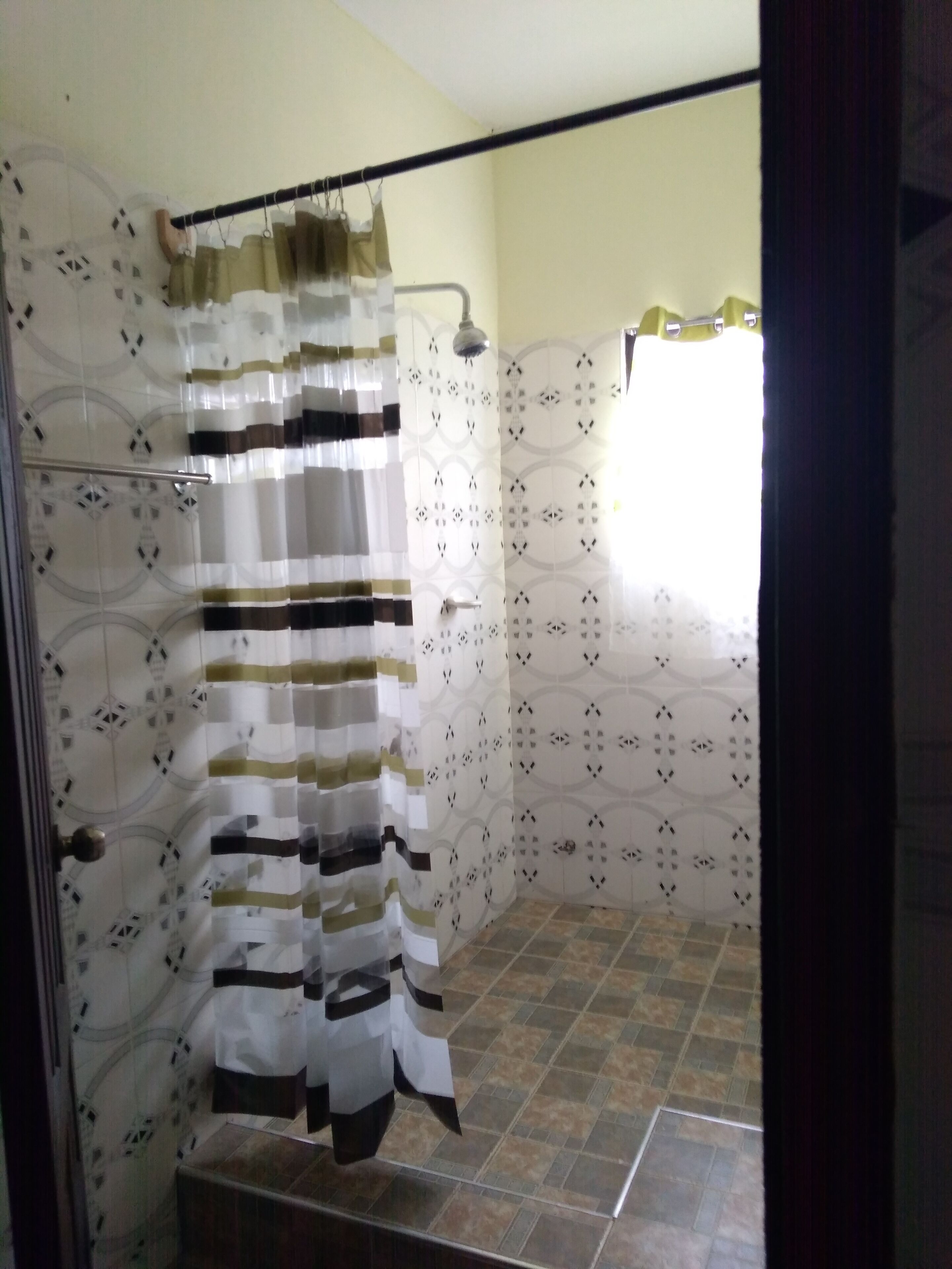 Shower, towels, soap, toilet paper