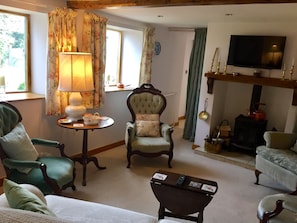 Smart TV, fireplace, DVD player, books