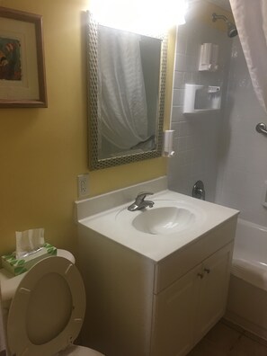 Une salle de bain avec un lavabo blanc, un miroir, des toilettes et un espace douche.