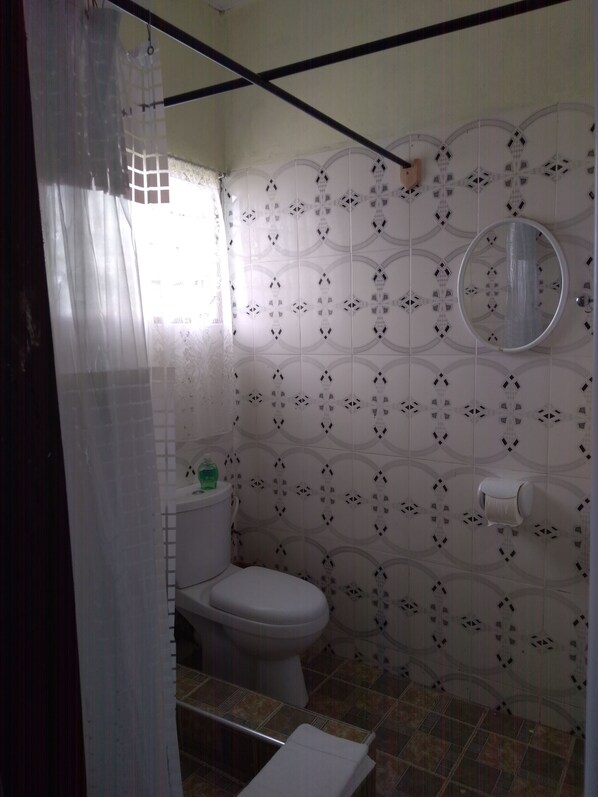 A bathroom with a toilet, a mirror, and patterned tiles on the walls.