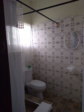 Shower, towels, soap, toilet paper