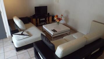 Télévision, table de tennis de table, livres, chaßne hi-fi