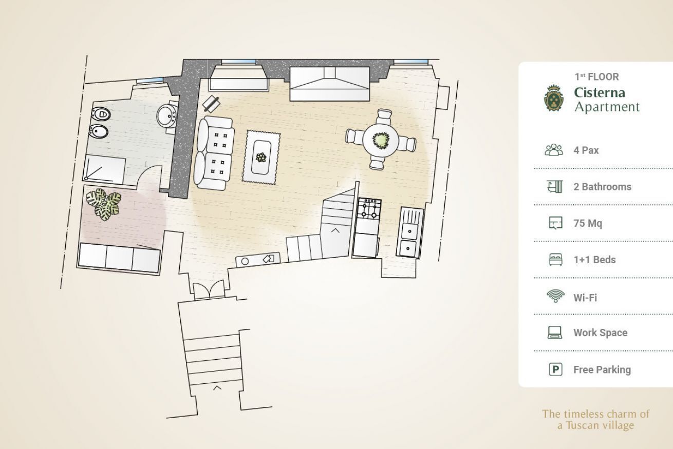 Indeling van een appartement op de eerste verdieping, met 4px, 2 badkamers, 1 plus 1 bed, Wi-Fi, werkplek en gratis parkeergelegenheid.