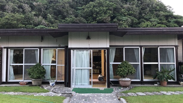 A building with large windows, a green entrance mat, and potted plants. - Minshuku Teruya (Nago)