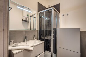 Shower, hair dryer, bidet, towels